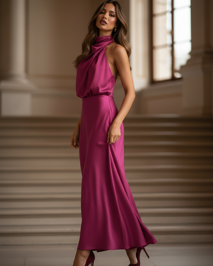 Satin Kleid - Satin Maxikleid Schlitz Rosa - Fuchsia Halter Maxikleid - Ansicht 3