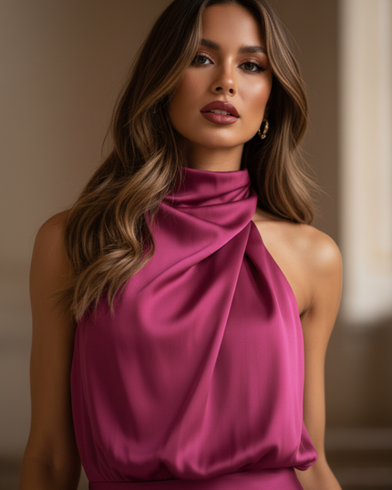 Satin Kleid - Satin Maxikleid Schlitz Rosa - Fuchsia Halter Maxikleid - Ansicht 4