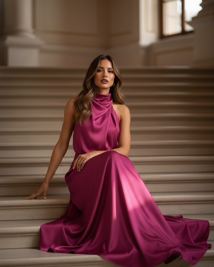 Satin Kleid - Satin Maxikleid Schlitz Rosa - Fuchsia Halter Maxikleid - Ansicht 5