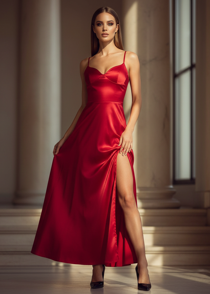 Satin Kleid - Satin Maxikleid Schlitz Rot - Langes Kleid Elegant - Ansicht 1