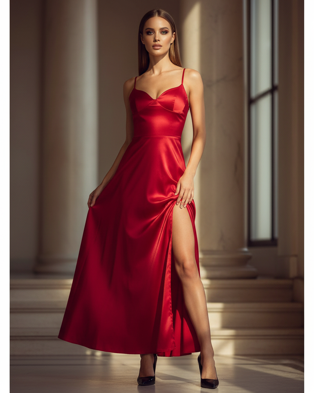 Satin Kleid - Satin Maxikleid Schlitz Rot - Langes Kleid Elegant - Ansicht 1