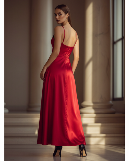 Satin Kleid - Satin Maxikleid Schlitz Rot - Langes Kleid Elegant - Ansicht 2