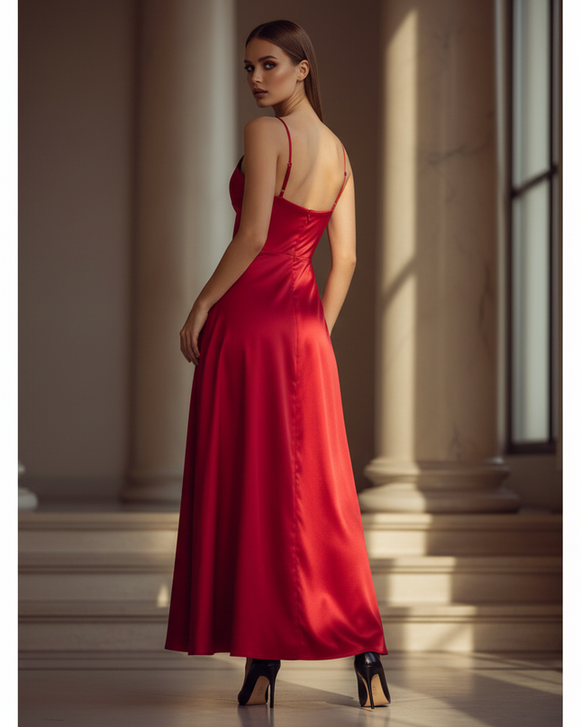 Satin Kleid - Satin Maxikleid Schlitz Rot - Langes Kleid Elegant - Ansicht 2
