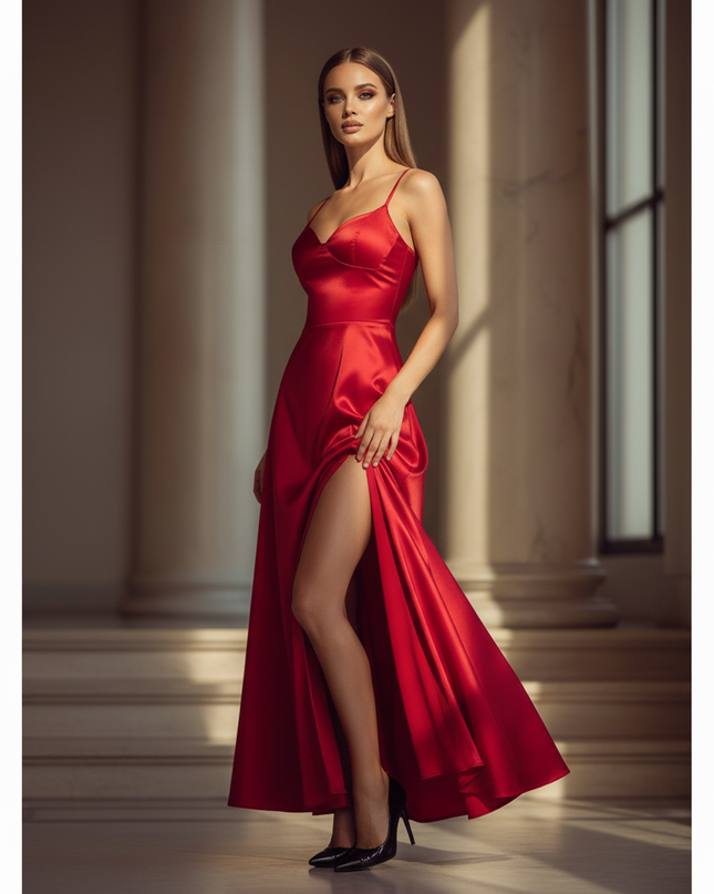 Satin Kleid - Satin Maxikleid Schlitz Rot - Langes Kleid Elegant - Ansicht 3
