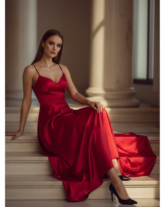 Satin Kleid - Satin Maxikleid Schlitz Rot - Langes Kleid Elegant - Ansicht 5