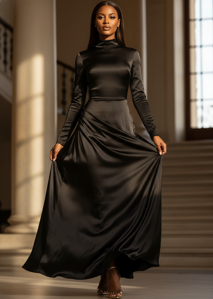 Satin Kleid - Satin Maxikleid Schlitz Schwarz - Rollkragen Cutout - Ansicht 1