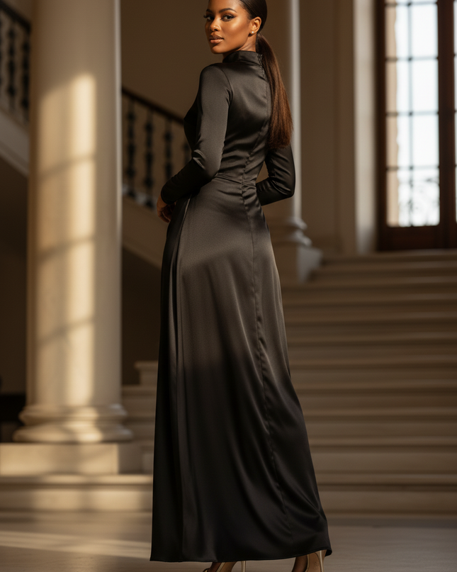 Satin Kleid - Satin Maxikleid Schlitz Schwarz - Rollkragen Cutout - Ansicht 2