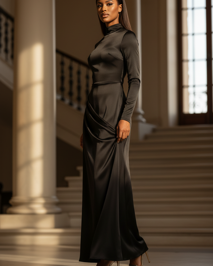 Satin Kleid - Satin Maxikleid Schlitz Schwarz - Rollkragen Cutout - Ansicht 3