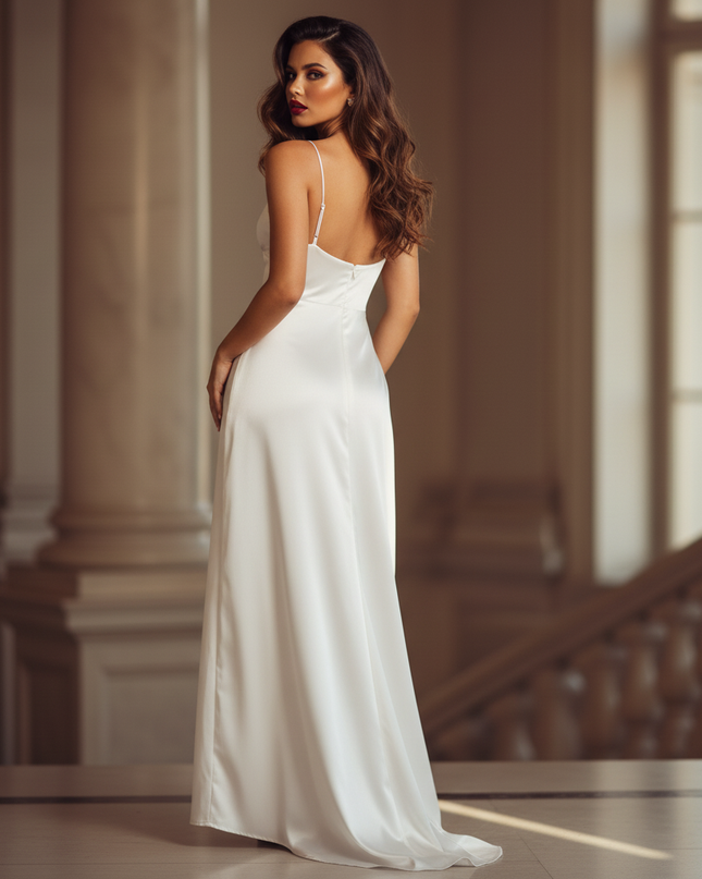 Satin Kleid - Satin Maxikleid Schlitz - Langes Kleid Weiss - Ansicht 2