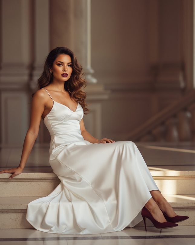Satin Kleid - Satin Maxikleid Schlitz - Langes Kleid Weiss - Ansicht 5