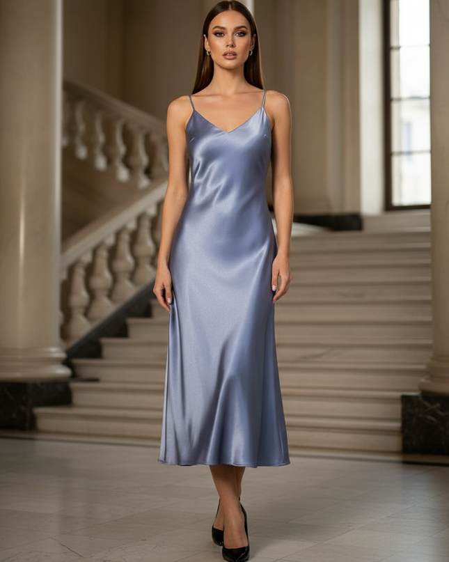 Satin Kleid - Satin Maxikleid Spaghettitraeger Blau - Stahlblau - Ansicht 1