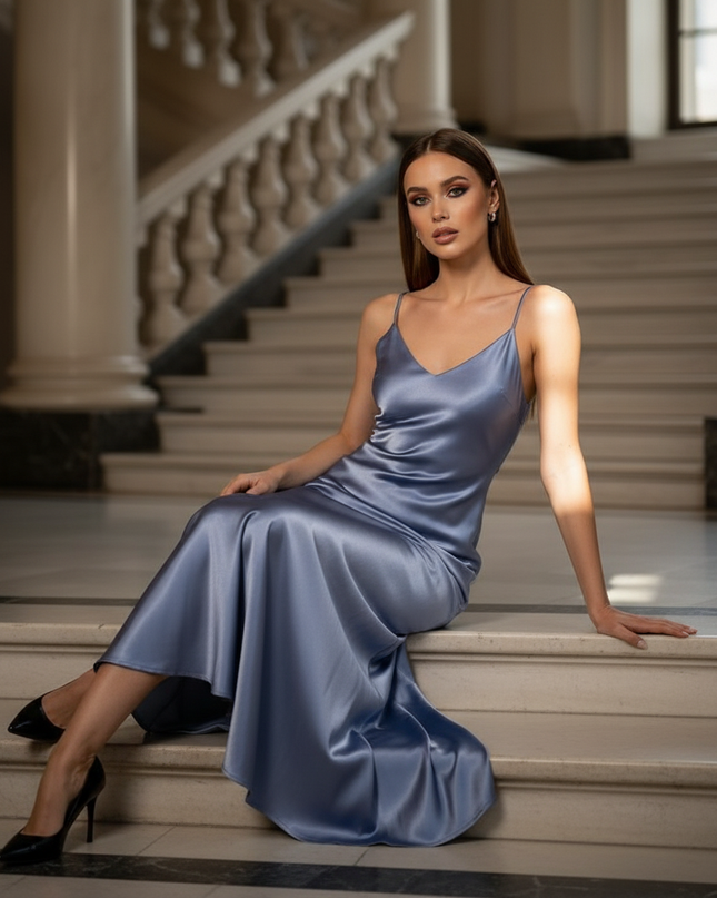 Satin Kleid - Satin Maxikleid Spaghettitraeger Blau - Stahlblau - Ansicht 5