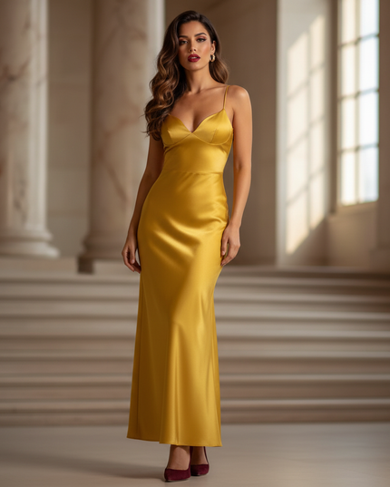Satin Kleid - Satin Maxikleid Spaghettitraeger Gelb - Senfgelb Maxi - Ansicht 1