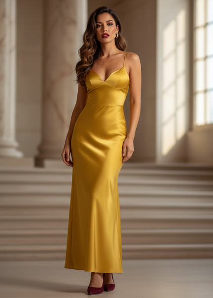 Satin Kleid - Satin Maxikleid Spaghettitraeger Gelb - Senfgelb Maxi - Ansicht 1