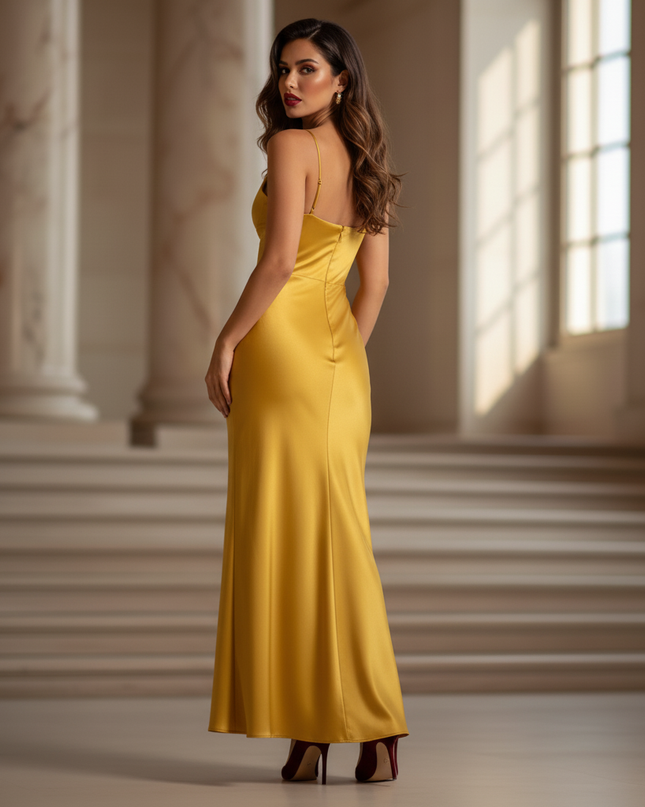 Satin Kleid - Satin Maxikleid Spaghettitraeger Gelb - Senfgelb Maxi - Ansicht 2