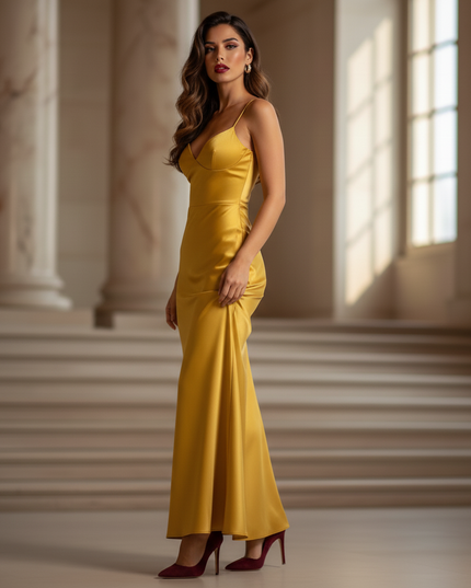 Satin Kleid - Satin Maxikleid Spaghettitraeger Gelb - Senfgelb Maxi - Ansicht 3