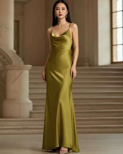Satin Kleid - Satin Maxikleid Spaghettitraeger Olive - Rueschendetail - Ansicht 1