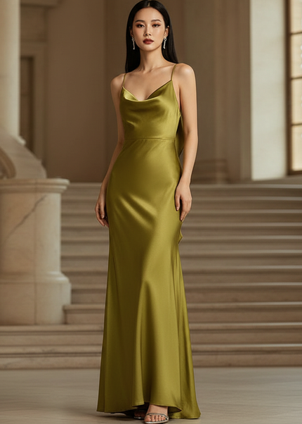 Satin Kleid - Satin Maxikleid Spaghettitraeger Olive - Rueschendetail - Ansicht 1