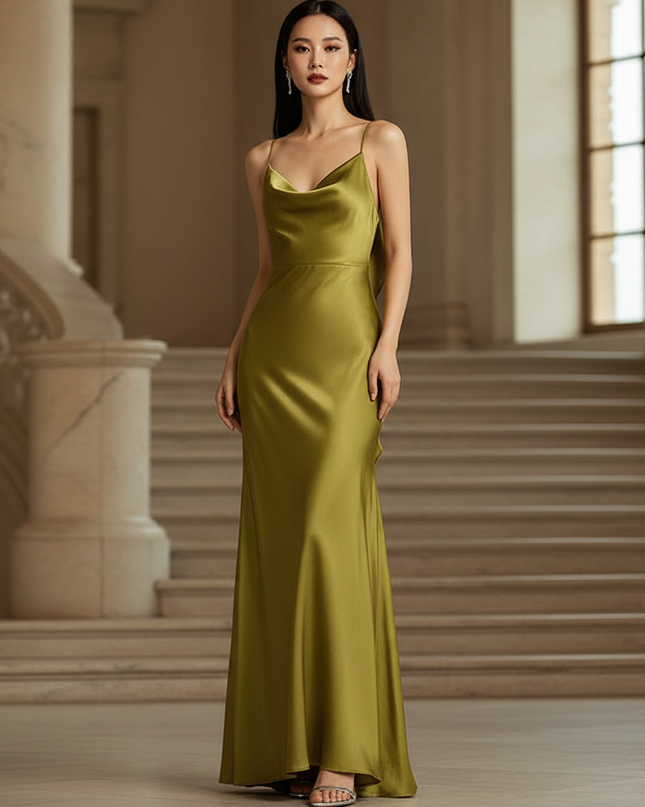 Satin Kleid - Satin Maxikleid Spaghettitraeger Olive - Rueschendetail - Ansicht 1