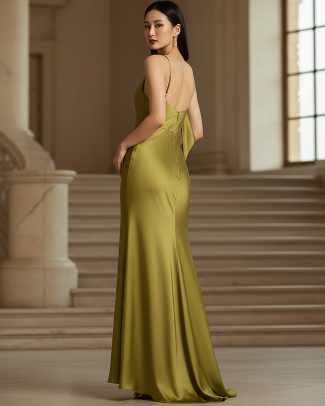 Satin Kleid - Satin Maxikleid Spaghettitraeger Olive - Rueschendetail - Ansicht 2
