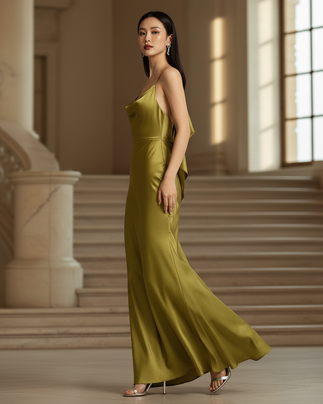 Satin Kleid - Satin Maxikleid Spaghettitraeger Olive - Rueschendetail - Ansicht 3