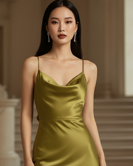 Satin Kleid - Satin Maxikleid Spaghettitraeger Olive - Rueschendetail - Ansicht 4