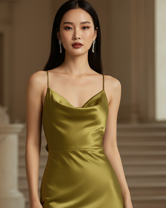 Satin Kleid - Satin Maxikleid Spaghettitraeger Olive - Rueschendetail - Ansicht 4