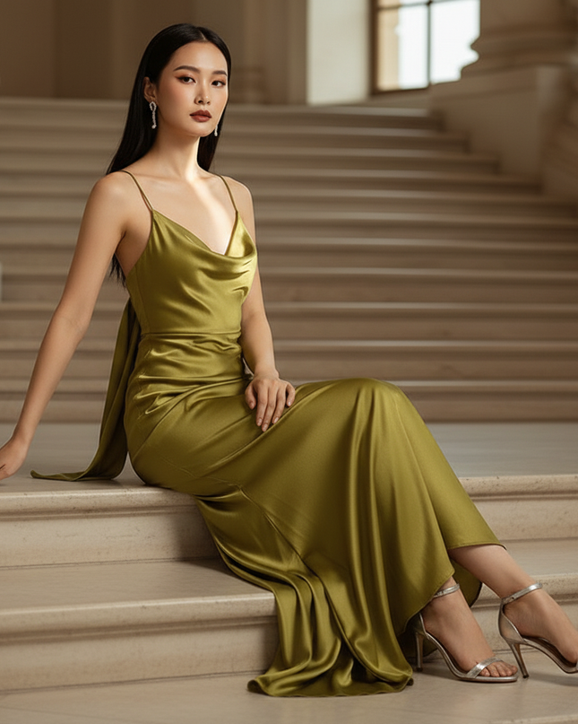 Satin Kleid - Satin Maxikleid Spaghettitraeger Olive - Rueschendetail - Ansicht 5