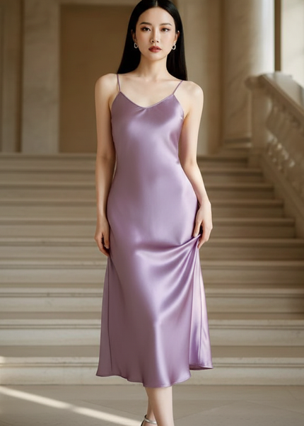 Satin Kleid - Satin Maxikleid Spaghettitrager - Lavendel Slip Maxi - Ansicht 1