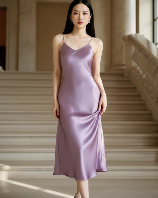 Satin Kleid - Satin Maxikleid Spaghettitrager - Lavendel Slip Maxi - Ansicht 1