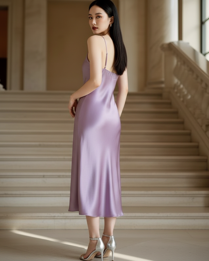 Satin Kleid - Satin Maxikleid Spaghettitrager - Lavendel Slip Maxi - Ansicht 2