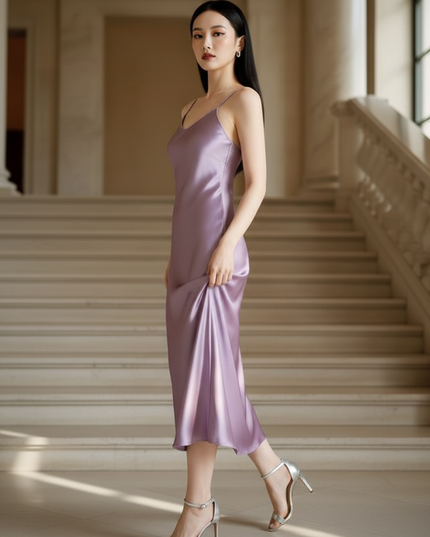 Satin Kleid - Satin Maxikleid Spaghettitrager - Lavendel Slip Maxi - Ansicht 3