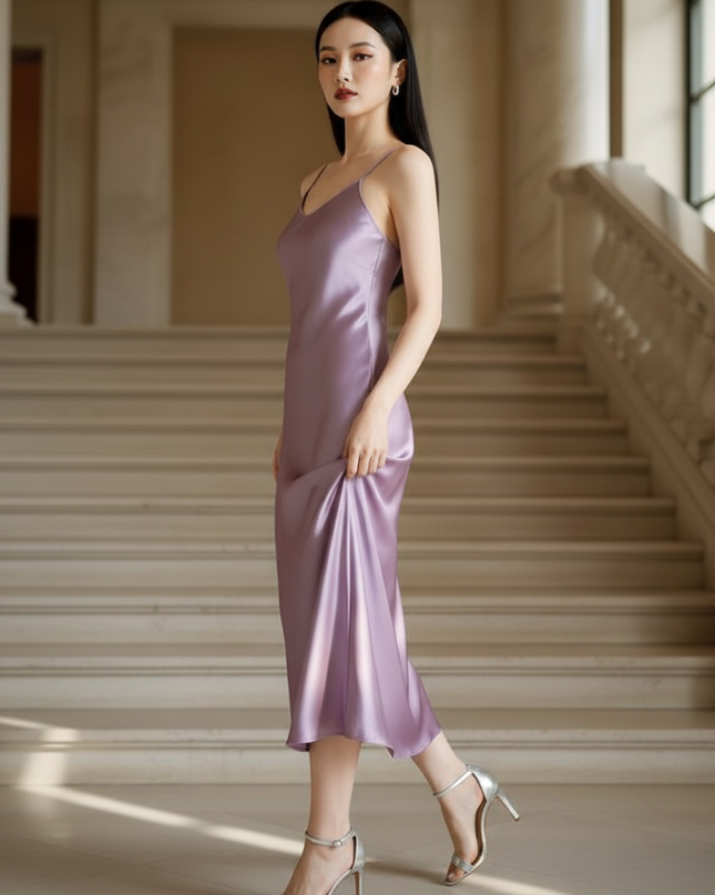 Satin Kleid - Satin Maxikleid Spaghettitrager - Lavendel Slip Maxi - Ansicht 3
