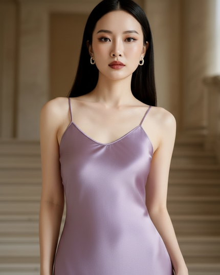 Satin Kleid - Satin Maxikleid Spaghettitrager - Lavendel Slip Maxi - Ansicht 4