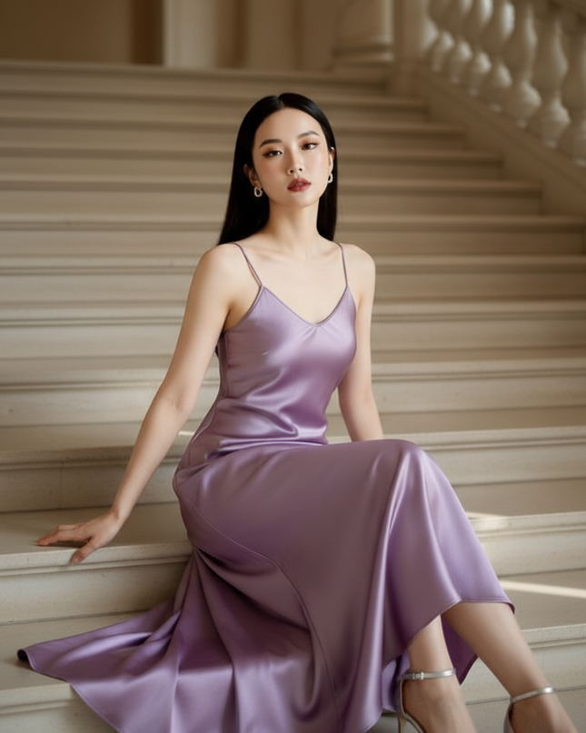 Satin Kleid - Satin Maxikleid Spaghettitrager - Lavendel Slip Maxi - Ansicht 5