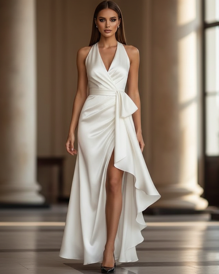 Satin Kleid - Satin Maxikleid Traeger Weiss - Halter Rueschen Maxi - Ansicht 1