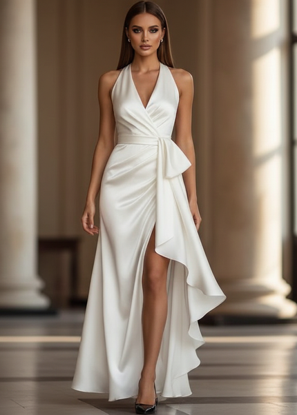 Satin Kleid - Satin Maxikleid Traeger Weiss - Halter Rueschen Maxi - Ansicht 1