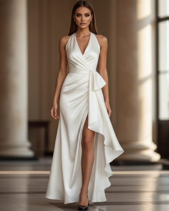 Satin Kleid - Satin Maxikleid Traeger Weiss - Halter Rueschen Maxi - Ansicht 1