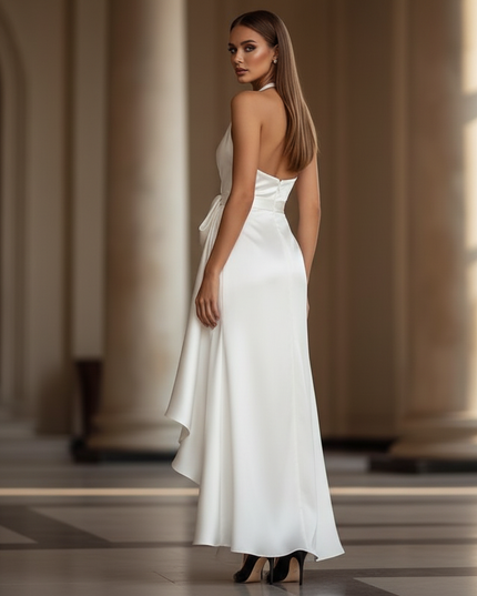 Satin Kleid - Satin Maxikleid Traeger Weiss - Halter Rueschen Maxi - Ansicht 2