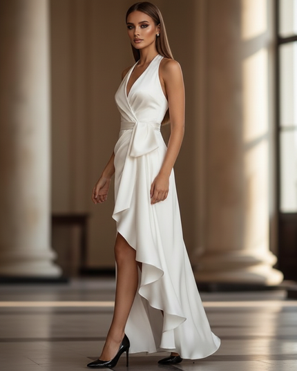 Satin Kleid - Satin Maxikleid Traeger Weiss - Halter Rueschen Maxi - Ansicht 3