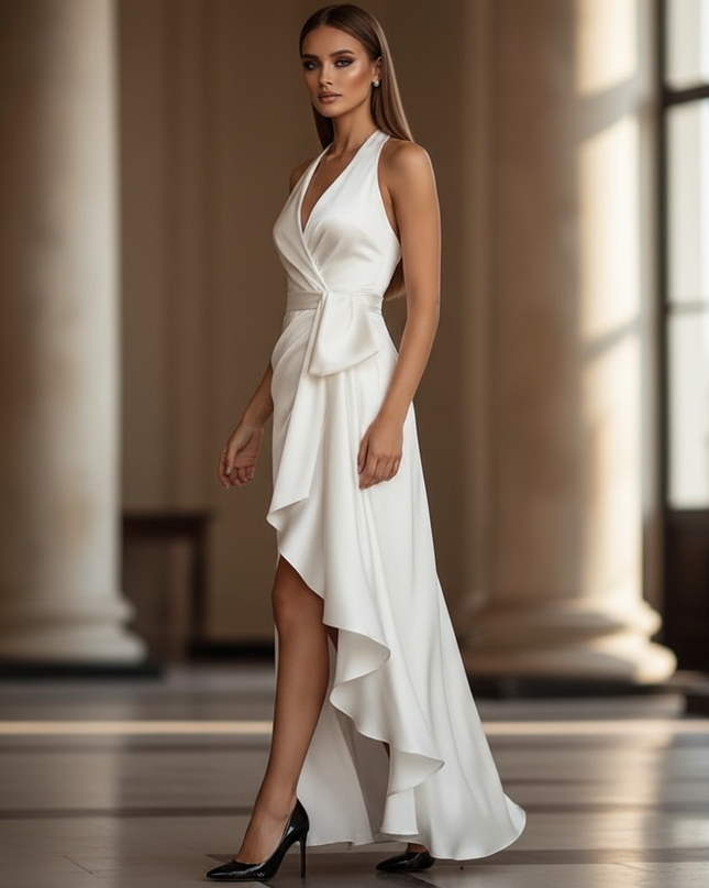 Satin Kleid - Satin Maxikleid Traeger Weiss - Halter Rueschen Maxi - Ansicht 3
