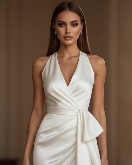 Satin Kleid - Satin Maxikleid Traeger Weiss - Halter Rueschen Maxi - Ansicht 4