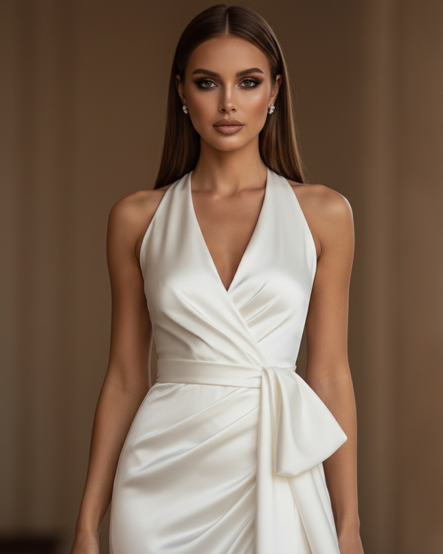 Satin Kleid - Satin Maxikleid Traeger Weiss - Halter Rueschen Maxi - Ansicht 4
