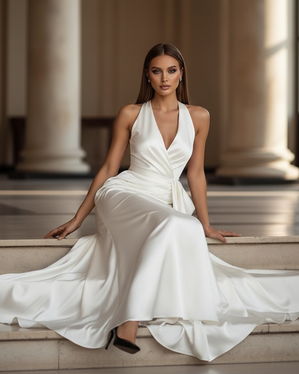 Satin Kleid - Satin Maxikleid Traeger Weiss - Halter Rueschen Maxi - Ansicht 5