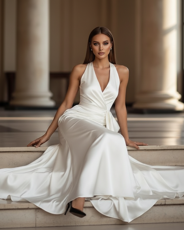 Satin Kleid - Satin Maxikleid Traeger Weiss - Halter Rueschen Maxi - Ansicht 5