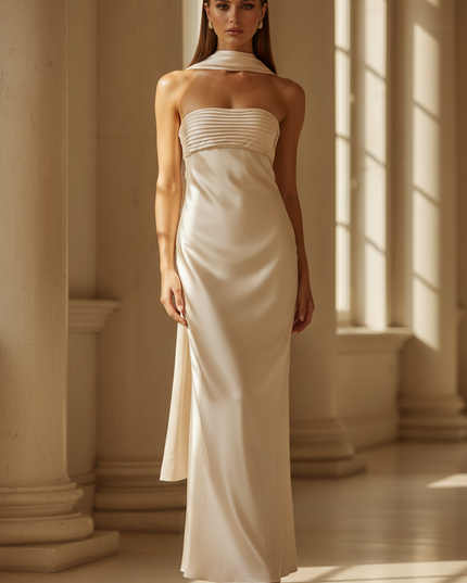 Satin Kleid - Satin Maxikleid Traegerlos Creme - Plisse Bustier - Ansicht 1