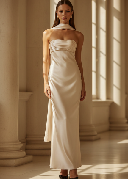 Satin Kleid - Satin Maxikleid Traegerlos Creme - Plisse Bustier - Ansicht 1