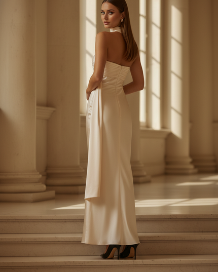 Satin Kleid - Satin Maxikleid Traegerlos Creme - Plisse Bustier - Ansicht 2