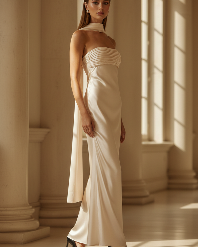 Satin Kleid - Satin Maxikleid Traegerlos Creme - Plisse Bustier - Ansicht 3