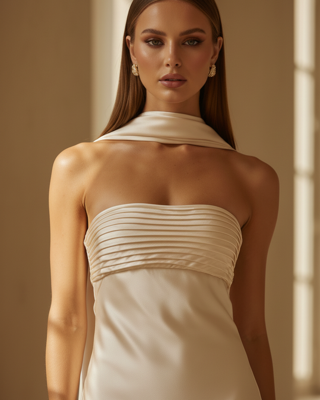 Satin Kleid - Satin Maxikleid Traegerlos Creme - Plisse Bustier - Ansicht 4